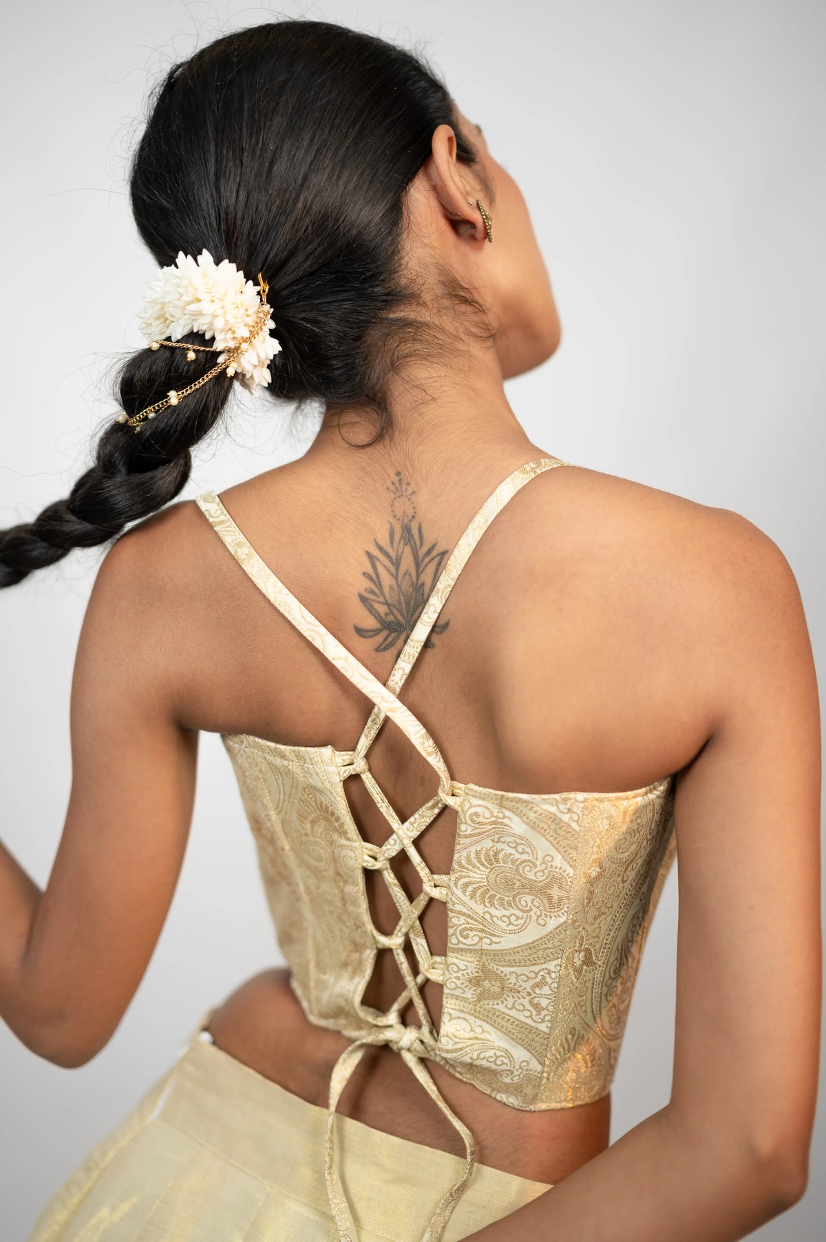Aurelia ivory gold brocade corset with criss-cross lace-up back