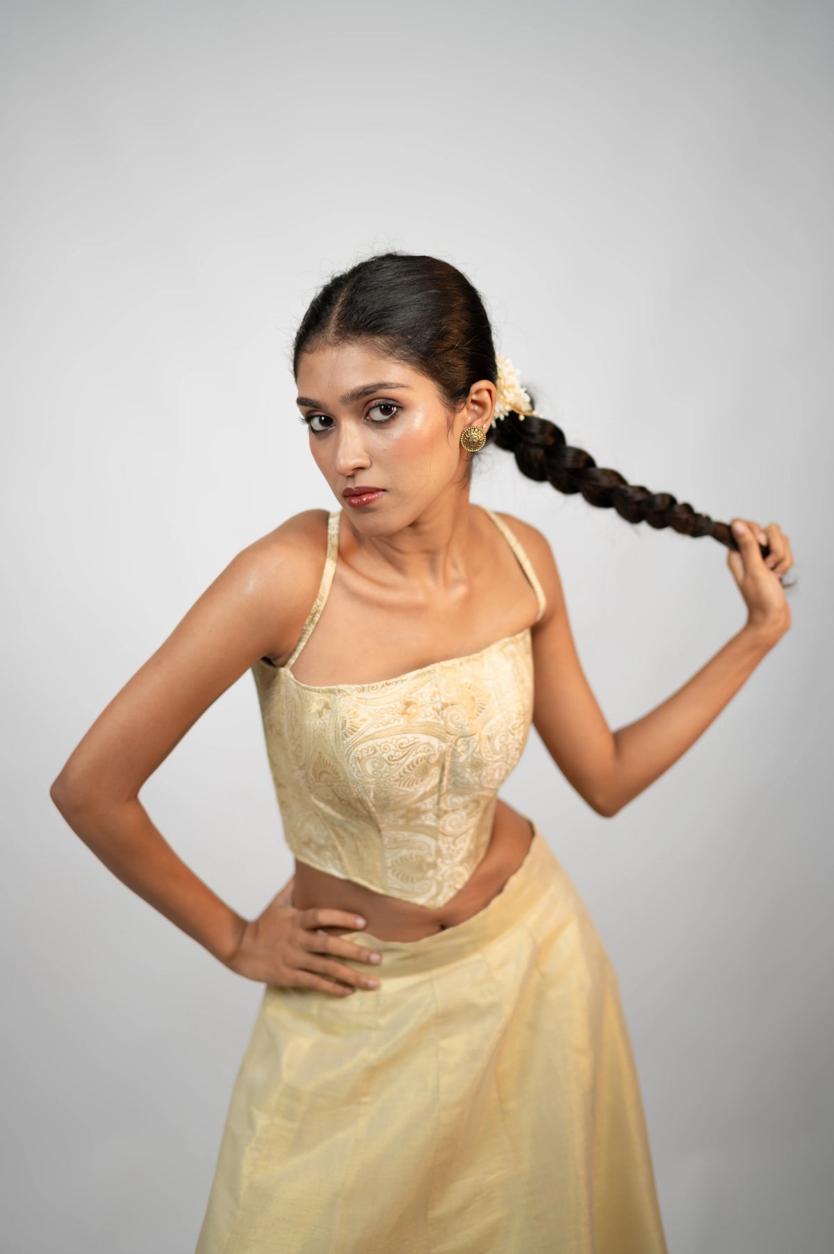 Aurelia ivory brocade corset with gold ornamental pattern and pointed hem
