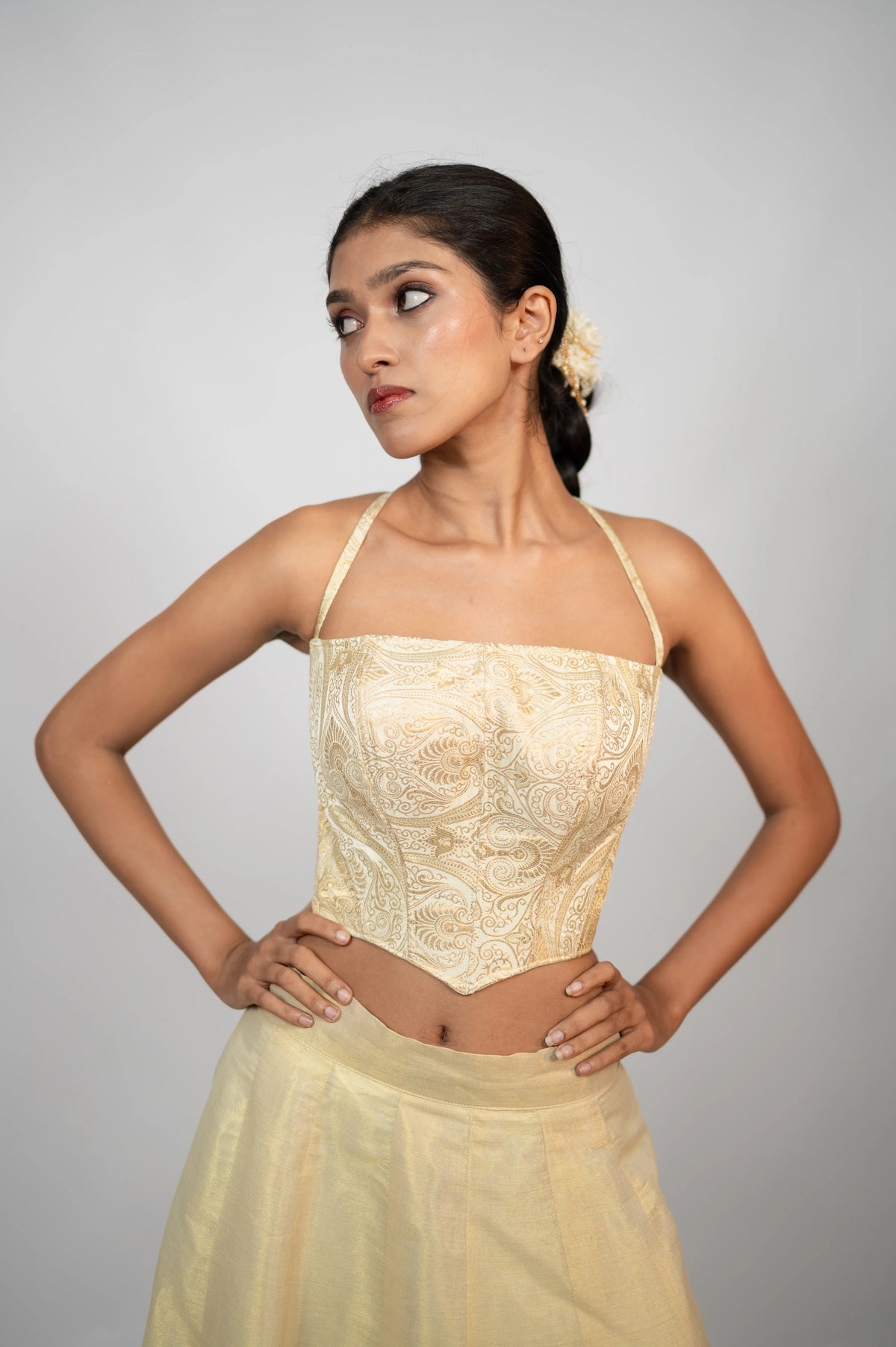 Aurelia ivory gold brocade corset with structured bodice and spaghetti straps