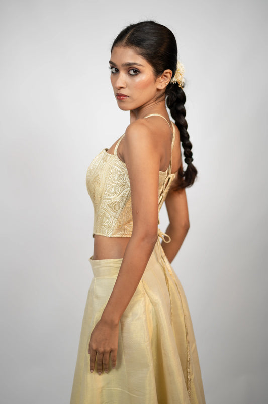 Ivory gold brocade corset with spaghetti straps and lace-up back