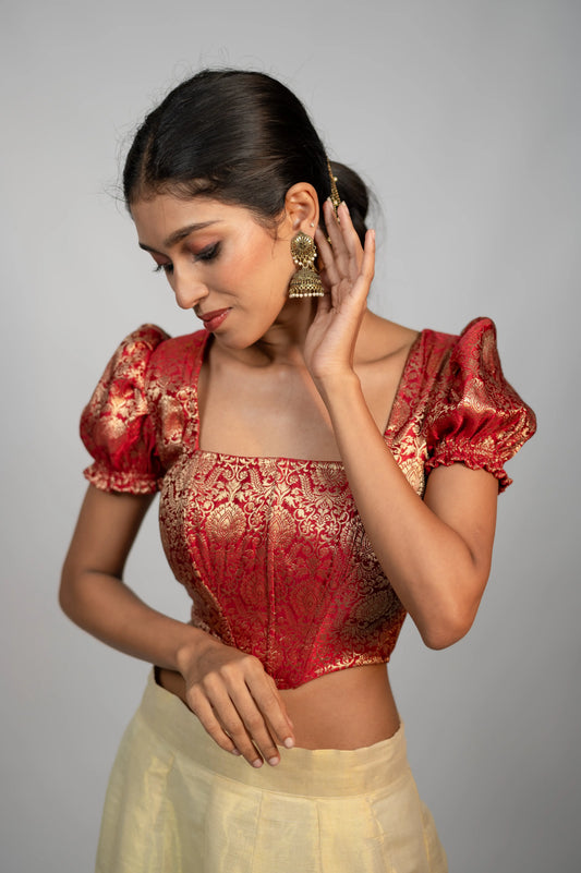 Crimson Noor crimson brocade corset with square neckline and puff sleeves