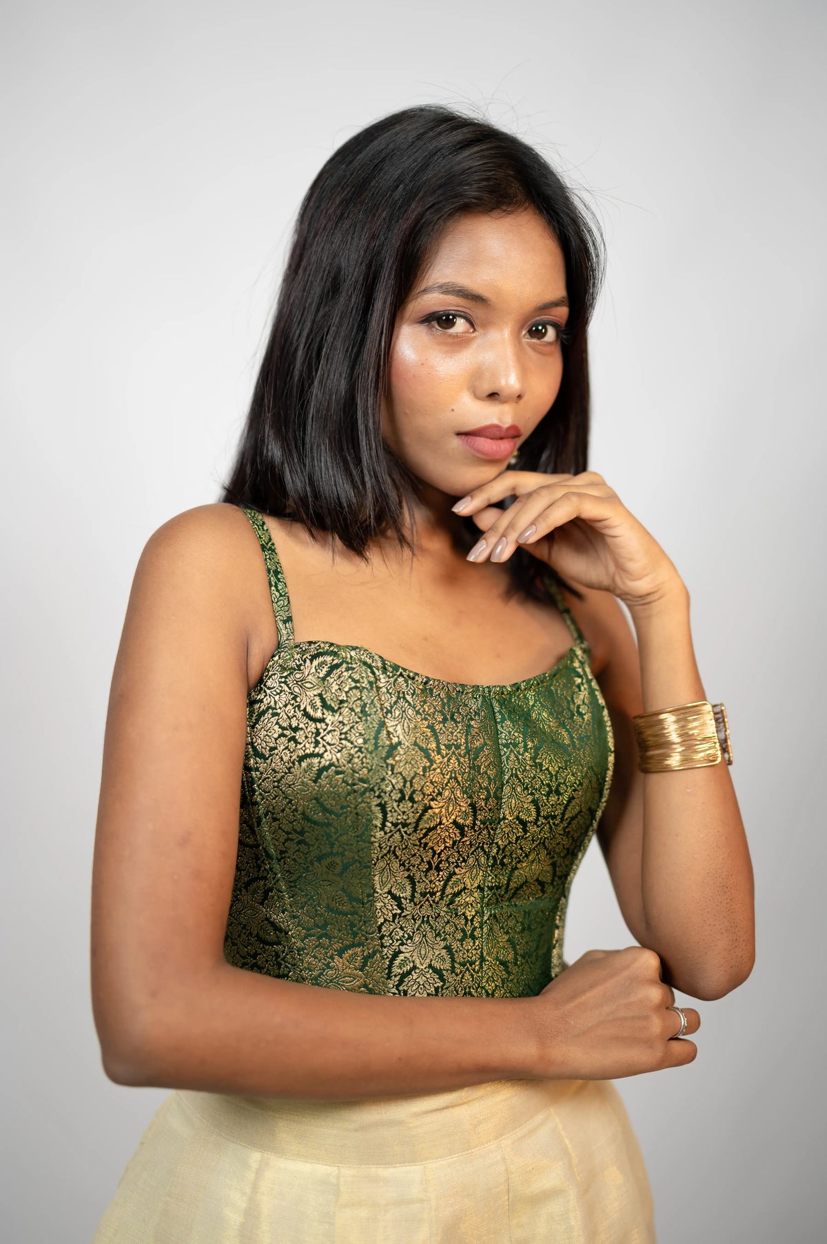 Emerald Elan green brocade corset front view