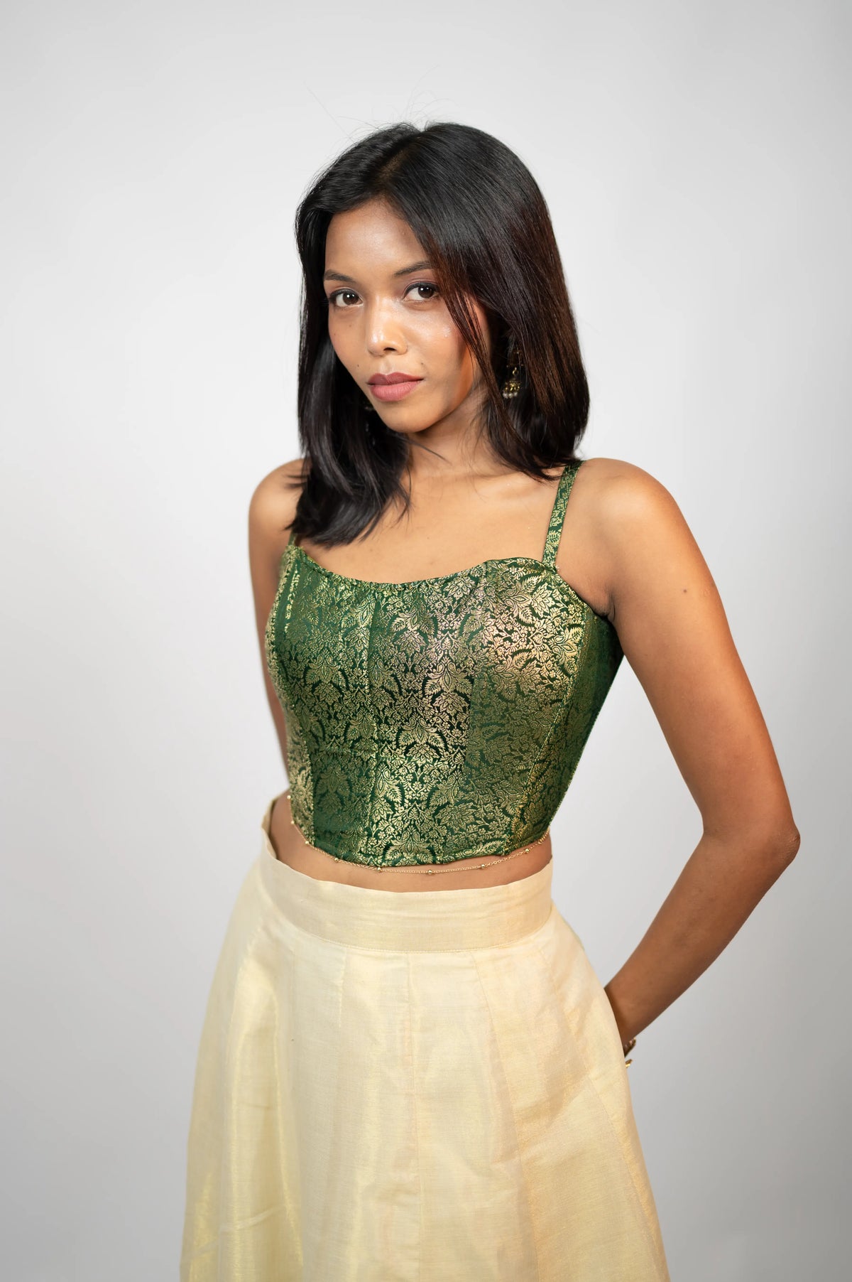 Emerald Elan green brocade corset with spaghetti straps