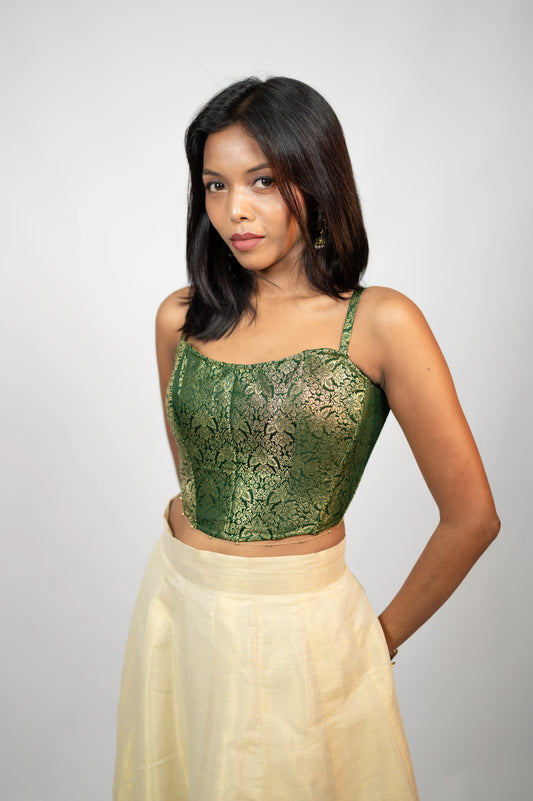 Emerald Elan green brocade corset with spaghetti straps