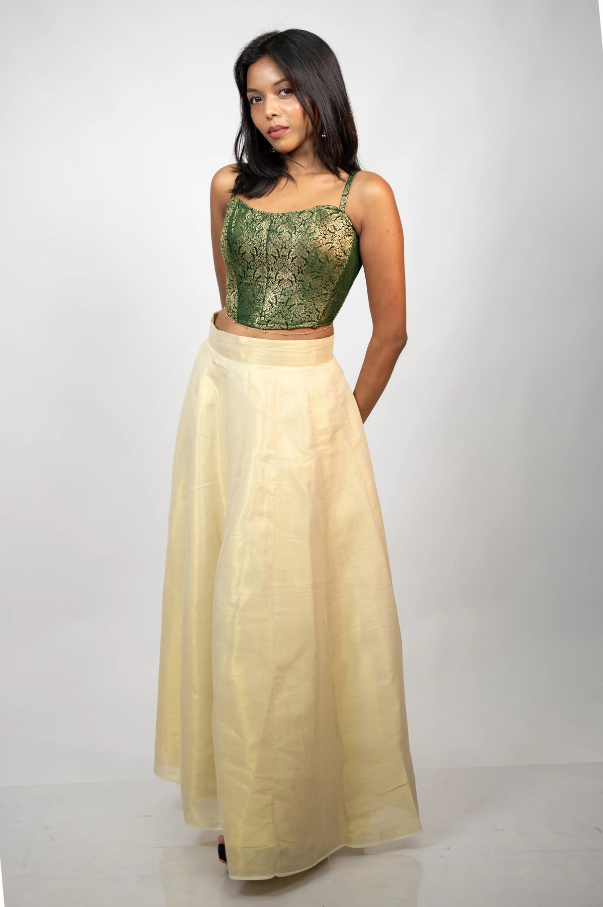 Emerald elan green brocade corset full-length look with ivory skirt