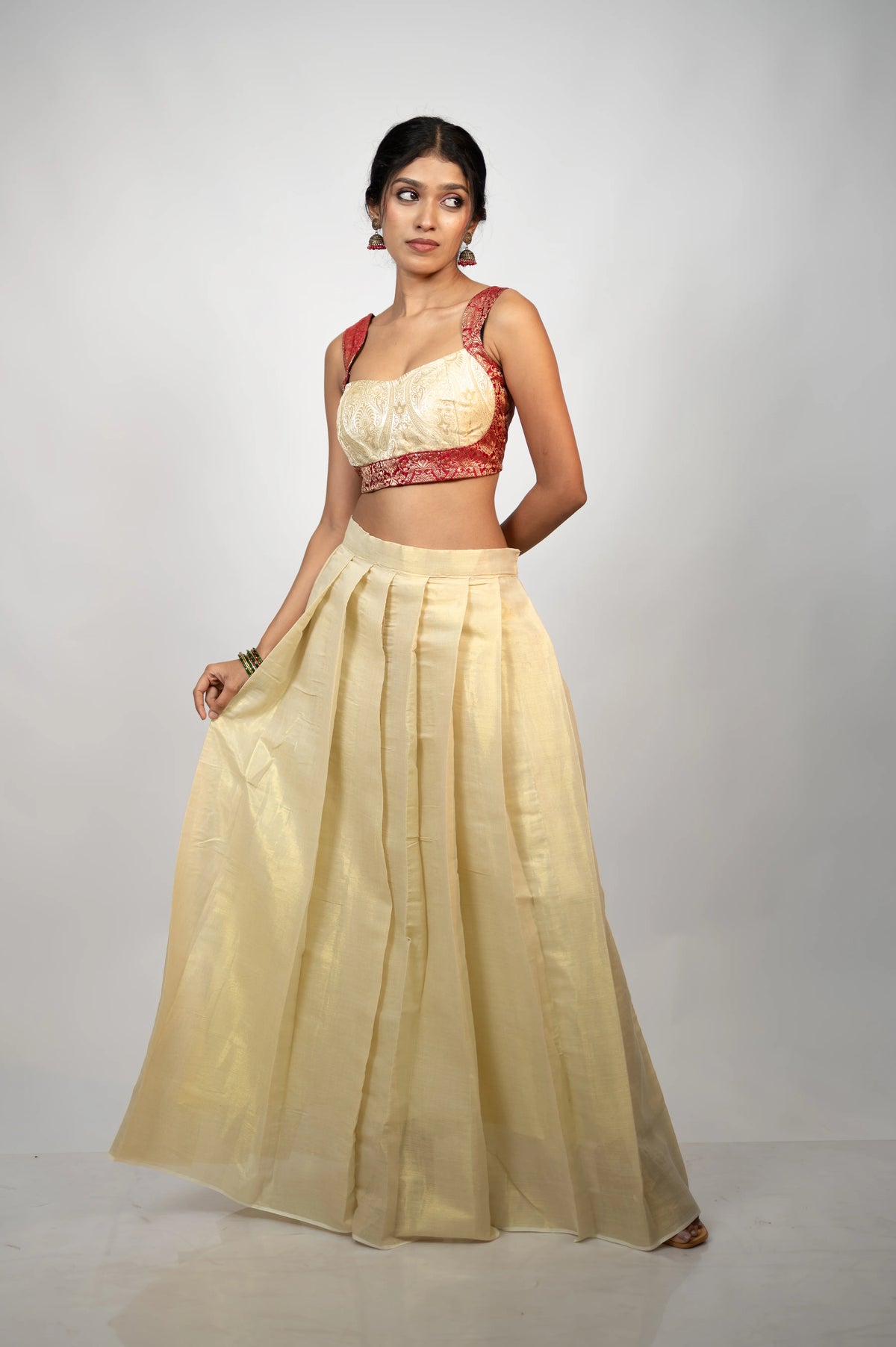 Gulnaar Royale ivory and crimson brocade corset full look