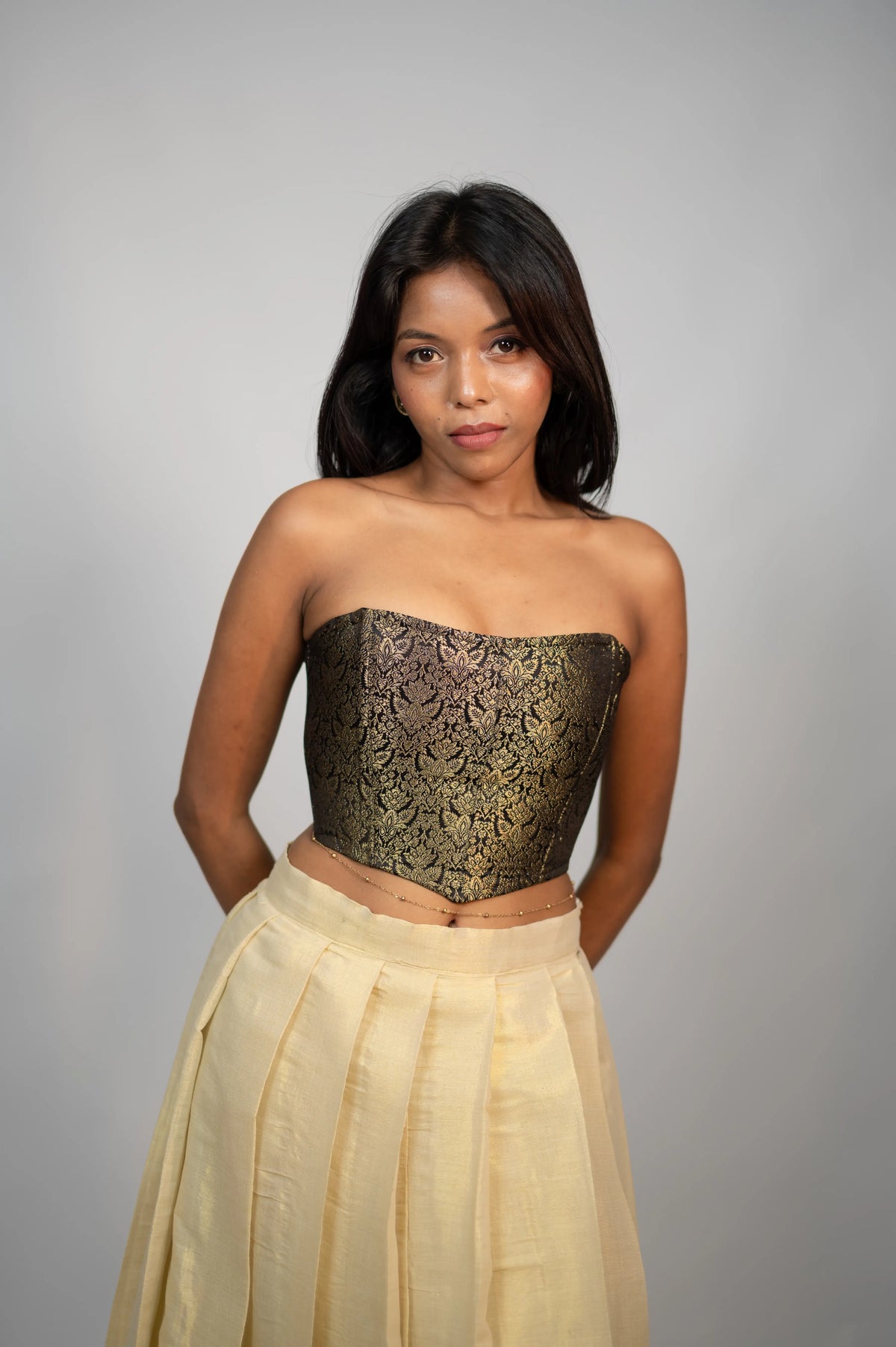 Nocturne Zari black antique gold brocade corset front view