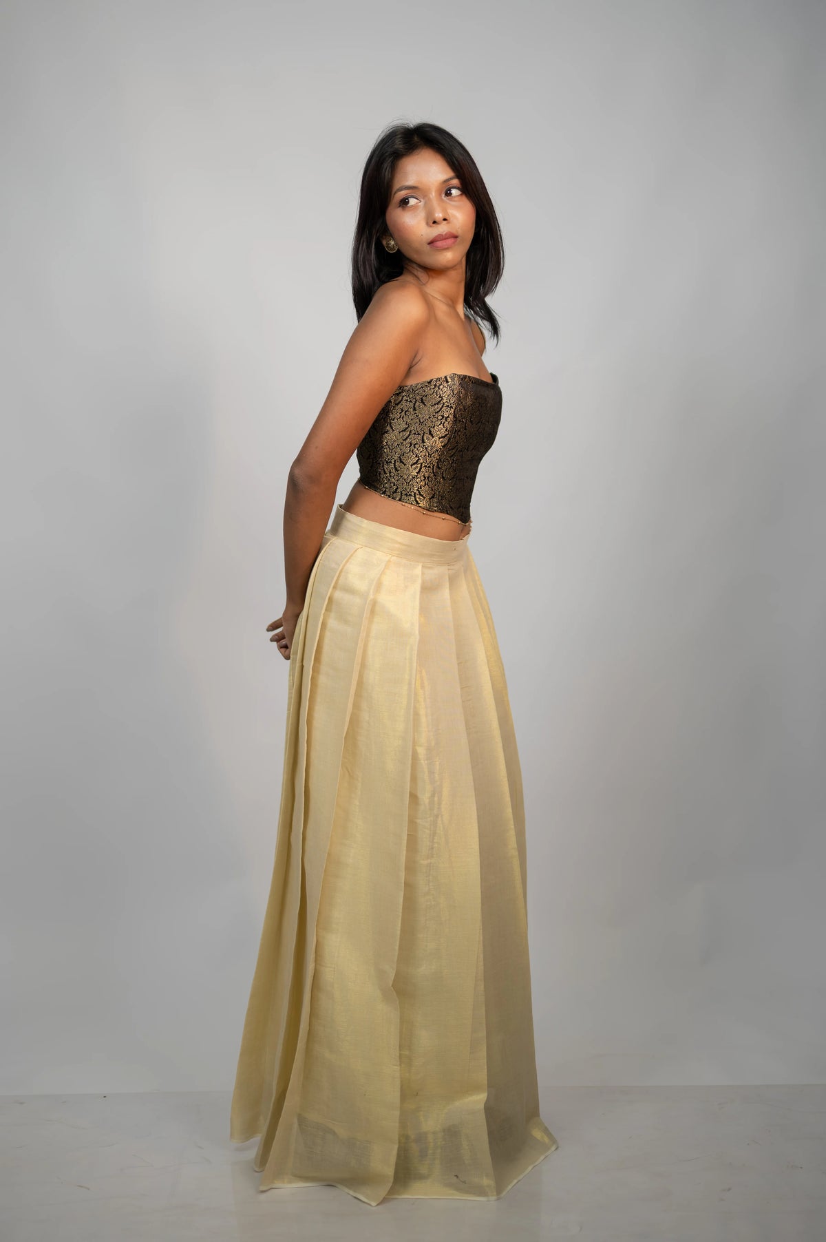 Nocturne Zari black antique gold brocade corset full-length look