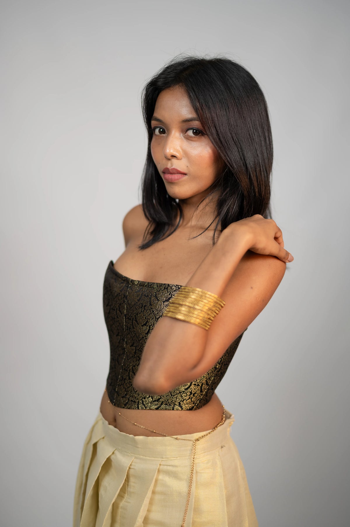Nocturne Zari black antique gold brocade corset side view