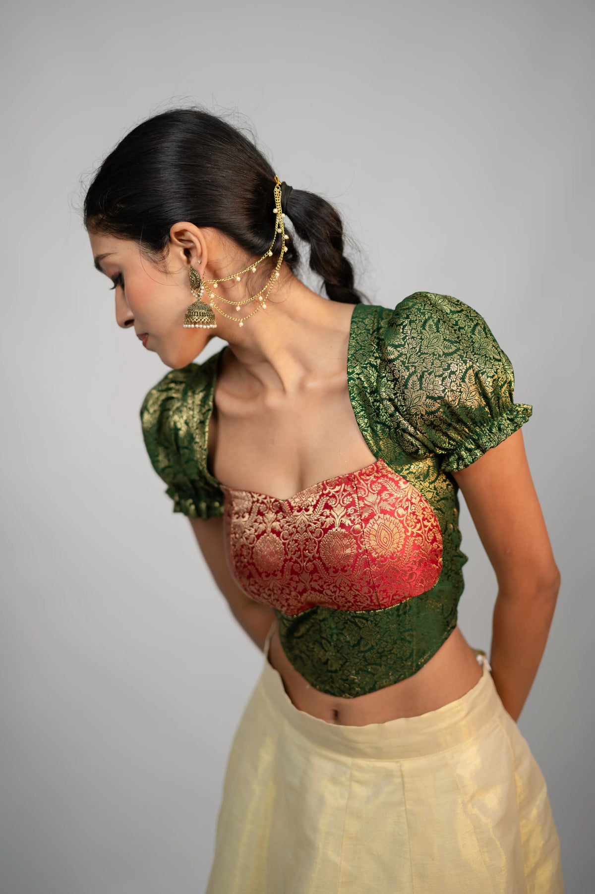 Riwaayat emerald crimson brocade puff sleeve corset side view