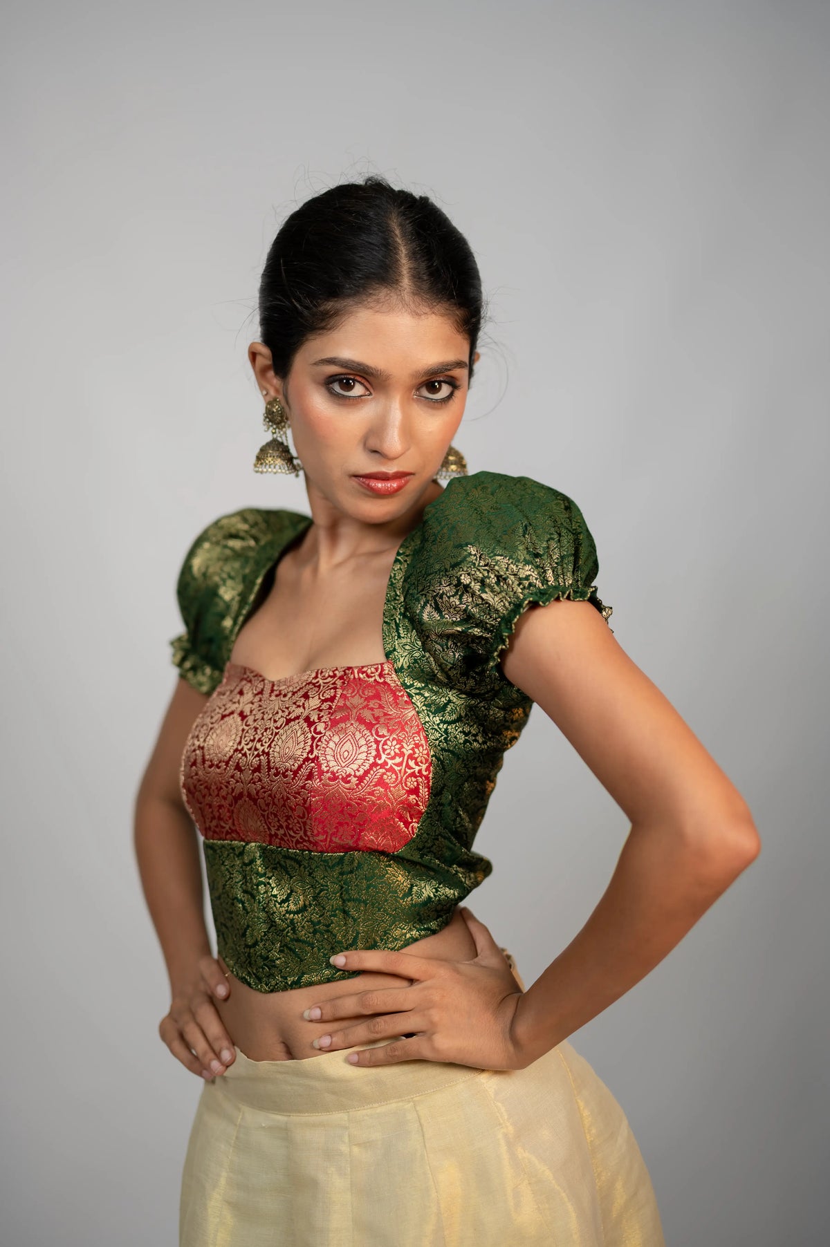 Riwaayat emerald crimson brocade corset three-quarter view