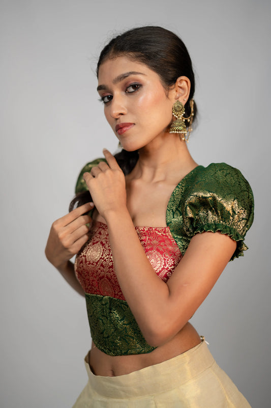 Riwaayat emerald crimson brocade puff sleeve corset front view