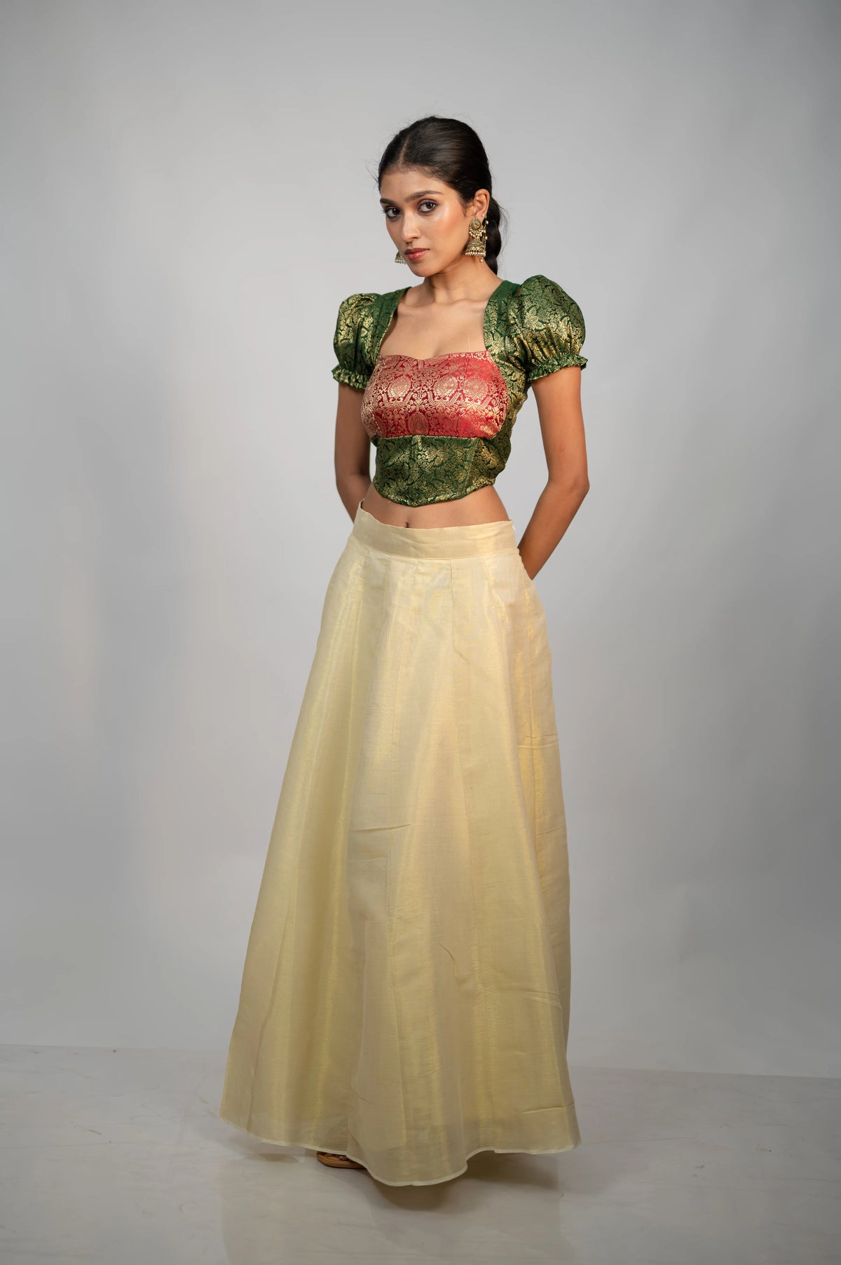 Riwaayat emerald crimson brocade puff sleeve corset full look